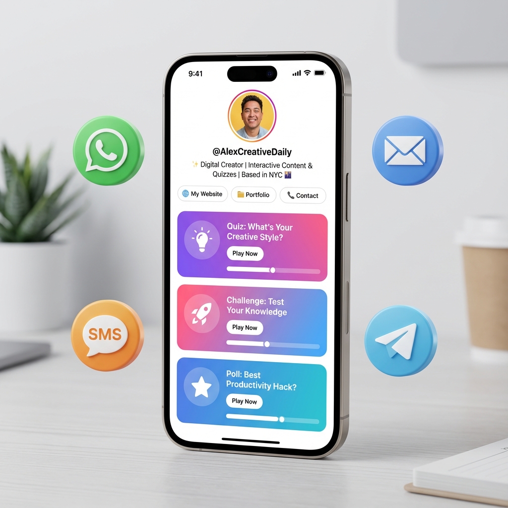 Link in Bio page with interactive quizzes and multi-channel delivery